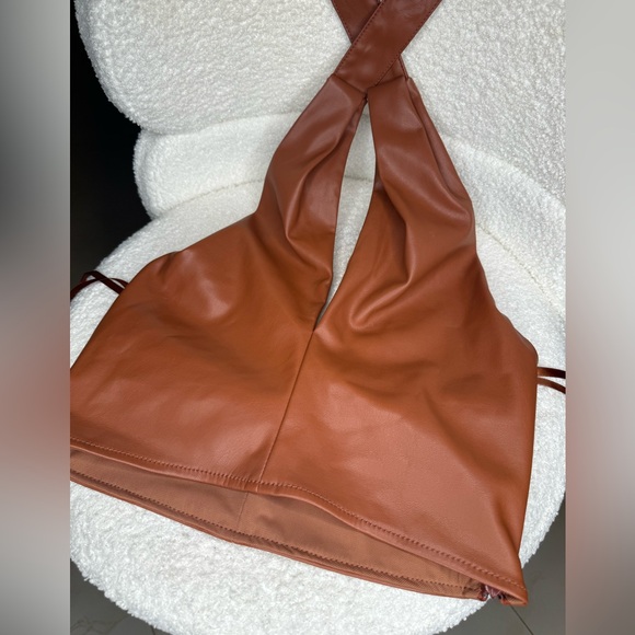 STAUD Vegan Leather Open Back Halter Crop Top - Picture 2 of 7